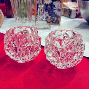 Set of 2 Vintage Tiffany & Co Crystal Rock Cut Votive Candleholder